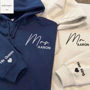Personalised Mr Mrs Embroidered Sweatshirt, Date on Sleeve, Honeymoon Sweatshirt, Bridal Shower Gift, Couple&#39;s Hoodie, Honeymoon Gift
