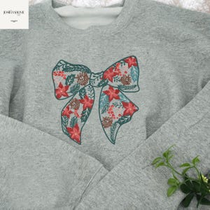 Christmas Poinsettia Bow Embroidered Shirt, Christmas Sweatshirt, Poinsettia Sweatshirt, Christmas Coquette Shirt, Christmas Gift For Her