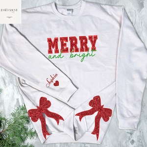 Gestickte frohe und helle Seite Bogen bestickte Sweatshirt, Bogen Glitter Sweatshirt, personalisierte Sweatshirt, Weihnachtsgeschenk, Geschenk für sie