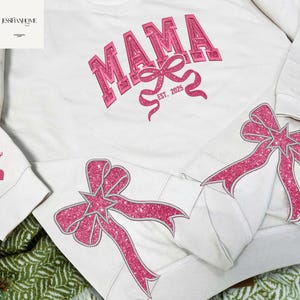 Embroidered Mama Side Bow Embroidered Sweatshirt, Bow Glitter Sweatshirt, Personalized Sweatshirt, Christmas Gift, Gift For Her