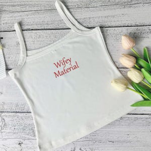 Embroidered Wifey Material Spaghetti Strap Tank Top, Mrs. Tank, Bride T-Shirt, Bridal Shower Gift, Engagement Gift, Bridal Tank Top