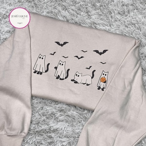 Ghost Cats Halloween Sweatshirt Embroidered, Cute Ghost Apparel, Halloween Cat Shirt, Cat Lover Tee, Spooky Fall Season Gift, Halloween Gift