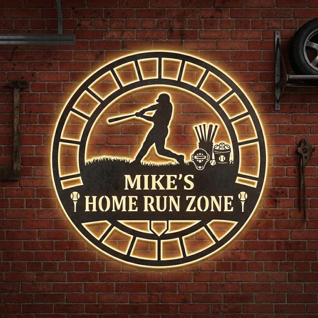 Personalized Baseball LED Metal Sign, Custom Home Run Zone Wall Decor ...