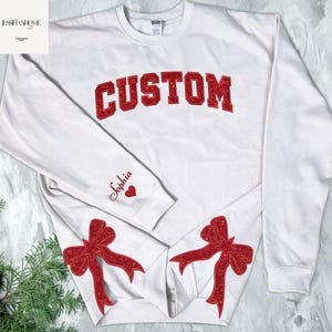 Embroidered Custom Christmas Bow Embroidered Sweatshirt, Trendy Side Slit Bow Sweatshirt, Personalized Mama Sweatshirt, Christmas Gift 2025