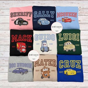 Geborduurd auto-personage filmsweatshirt, cartoonsweatshirts, M.c.Q.u.e.e.n. Sally Mater trending ronde hals, cadeau voor vrienden
