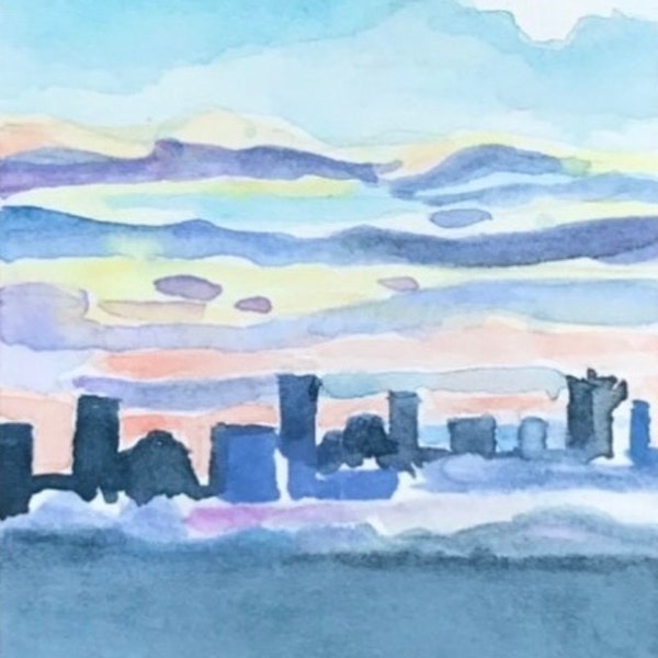 NEW!! NYC Skyline as shown on #ArtonLink Mini Watercolor print of original Painting ACEO art card Lucite stand included
