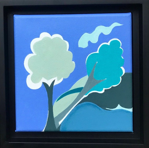 オリジナルの抽象的な木の絵画：黒のフレームに入ったサイン入り 