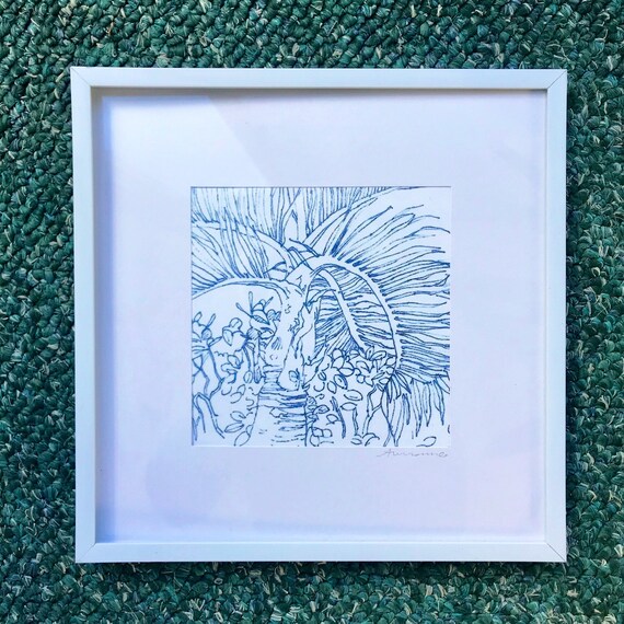 Simple Flowers in Blue Ink Original 4inx6in Drawing