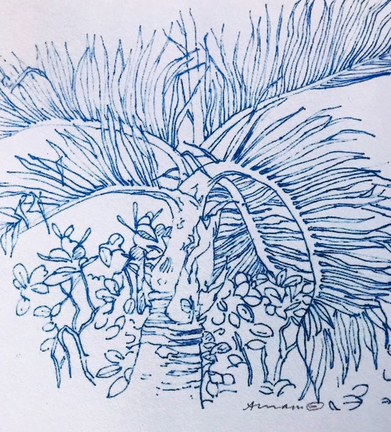 Simple Flowers in Blue Ink Original 4inx6in Drawing