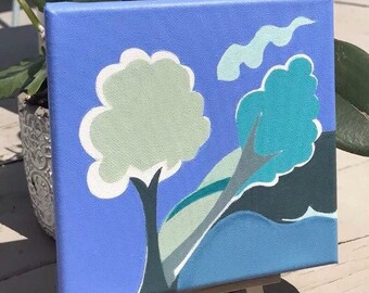 オリジナルの抽象的な木の絵画：黒のフレームに入ったサイン入り
