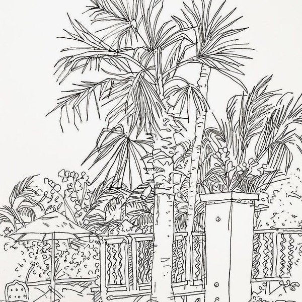 Bahamas Breeze dIgital print of tropical palm landscape black ink Drawing