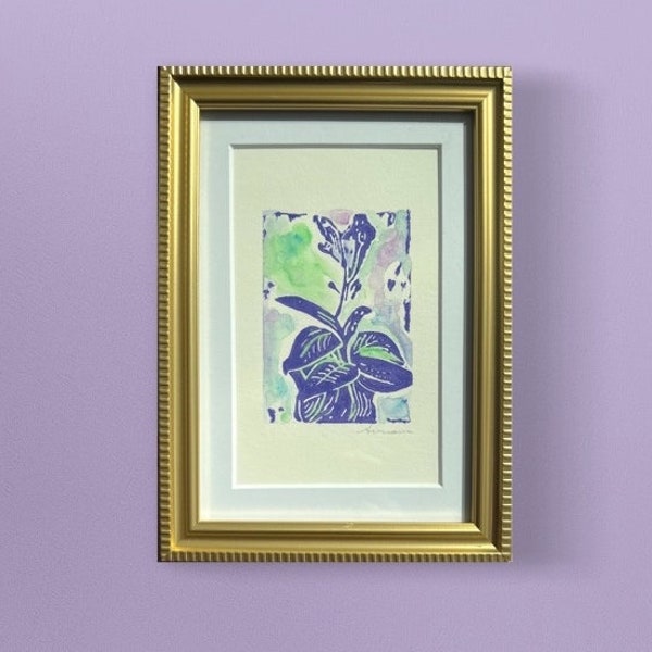 New!!! Mini Linocut of Violet Orchid signed, Matted and Framed in beautiful gold frame and hand painted watercolor enhancement
