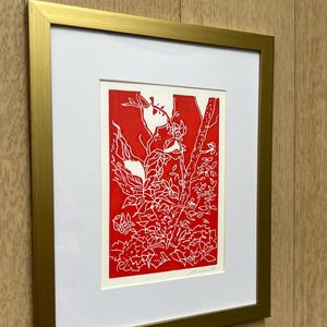 Framed Abstract Linocut Print: Vermillion Falling Tree, Signed