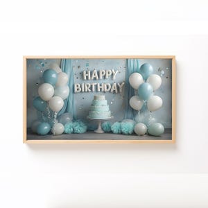TV Frame Art, Samsung Frame TV, Birthday Sign, Birthday Cake, Happy Birthday, Blue Birthday