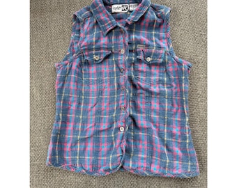 Camisa sin mangas a cuadros Krazy Kat para mujer, talla M, azul y rosa.