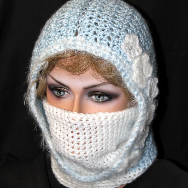 Nose Cover Hat - Ski Hat - Crocheted Hat - Face Cover Winter Hat - Face Warming Hat - Fashion Hat - Blue Hat - Winter Flower Hat