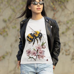 Bee and Cherry Blossom T-Shirt Watercolor Nature Art Shirt, Spring Floral Bee Tee, Botanical Garden Gift
