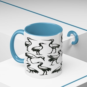 Elegant Crane Pattern Coffee Mug Japanese Bird Illustration  11oz & 15oz Ceramic Cup  Gift for Bird Lovers