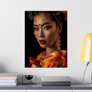 Golden Geisha Portrait Poster Japanese Woman Art Luxury Kimono Makeup Print Elegant Oriental Wall Decor