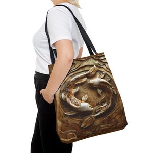 Elegant Koi Fish Wooden Carving Tote Bag Japanese Zen Art Style | Synthron Dreams