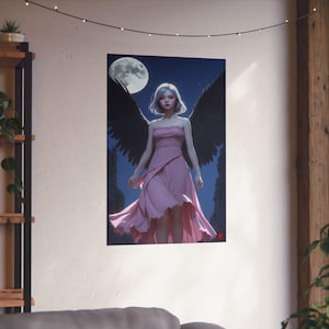 Moonlit Dark Angel Poster Gothic Fantasy Girl Art Fallen Angel Wall Print Surreal Celestial Decor Synthron Dreams
