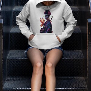 Phoenix Geisha Hoodie Futuristic Samurai Woman with Firebird White Unisex Japanese Art Hoodie Synthron Dreams