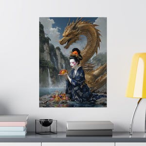 Geisha and Golden Dragon Wall Art Fantasy Asian Poster Print, Mythical Samurai Era Decor, Sacred Offering Scene, Oriental Home Art
