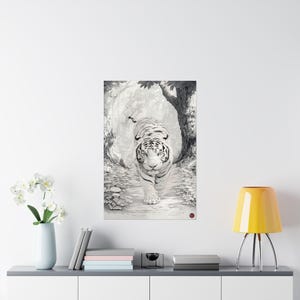 White Tiger Japanese Brush Art Print: Zen Forest Animal Poster