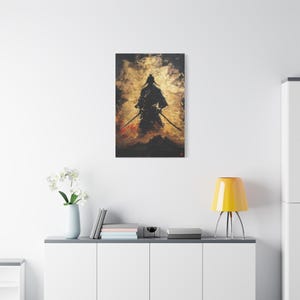 Samurai Warrior Wall Art Shadow Swordsman in Fire Poster Japanese Bushido Spirit Canvas Print