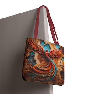 Phoenix Flame Tote Bag Japanese Wood-Inspired Firebird Design | Bold Mythical Carry-All by Synthron Dreams