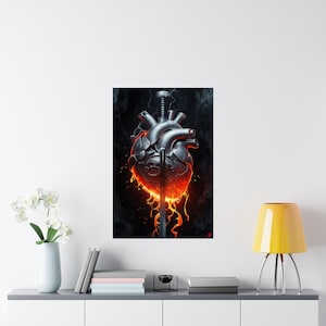 Forged Heart Katana Samurai Sword Mech Heart Poster | Cyberpunk Wall Art | Fire & Steel Heart Design | Japanese Warrior Decor