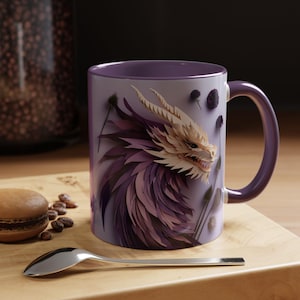 Purple Dragon Coffee Mug: Mythical Creature Art, Floral Accents