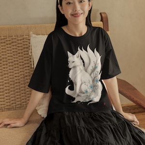 Kitsune Blossom Nine-Tailed Fox Japanese Spirit Tee | Mythic Yokai T-Shirt | Elegant Fox Art Shirt