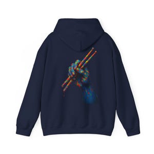 Colorful Hand Holding Drumsticks Hoodie Vibrant Artistic Streetwear Sweatshirt for Music Lovers
