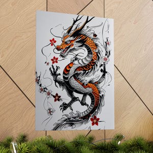 Japanese Dragon Tattoo Art with Red Blossoms and Ink Brush Style