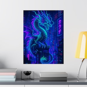 Cyberpunk Dragon Poster Neon City Art Futuristic Japanese Style Print Electric Mythic Creature Wall Decor
