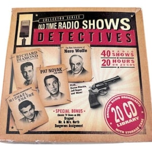 May include: A vintage-style CD set titled "Old Time Radio Shows Detectives." The box features images of detectives, a revolver, and the text "40 Shows, 20 Hours on 20 CDs." Includes a storage case.