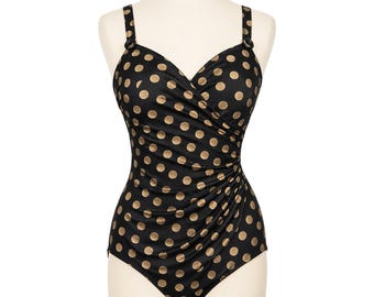 Traje de baño de una pieza Maxine of Hollywood negro dorado con lunares, estilo vintage y fruncido, fabricado en EE. UU.