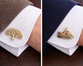 Lote de gemelos vintage dorados con diseños de árboles y transatlánticos (2 pares)