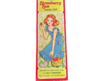 Muñeca de papel vintage Strawberry Sue de los años 80, más de 40 piezas precortadas con atuendos retro