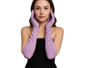 Guantes de ópera vintage fruncidos de color lila de los años 80 y 90 (hasta el codo, talla pequeña)
