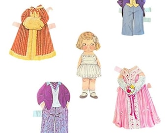 Muñeca de papel vintage estilo Dolly Dingle con 5 atuendos, reproducción de los años 80, sin caja