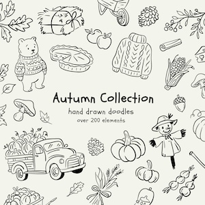 Whimsical Autumn Doodle Set | 200+ Fall Clipart PNG SVG | Cute Animals, Pumpkins, Forest, Food | Autumn clipart | Cute doodle clipart