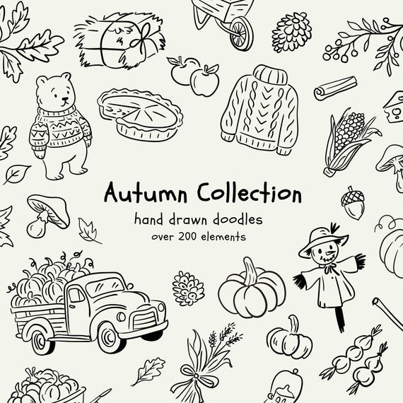 Whimsical Autumn Doodle Set | 200+ Fall Clipart PNG SVG | Cute Animals, Pumpkins, Forest, Food | Autumn clipart | Cute clipart svg png