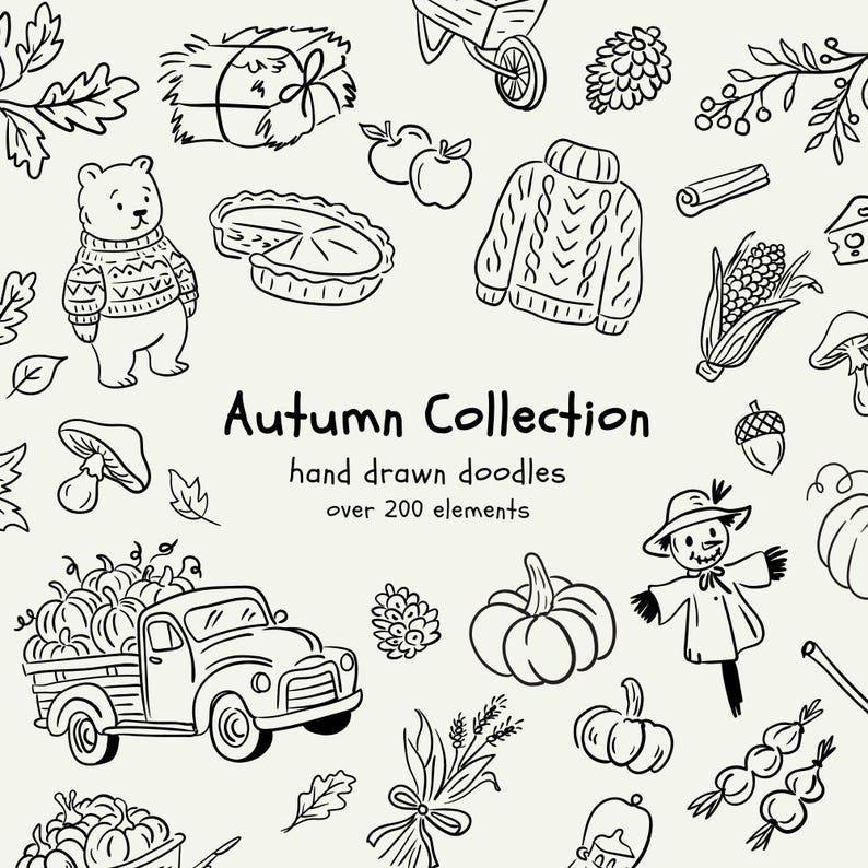 May include: Black and white hand-drawn illustrations of autumn-themed items. Includes a bear in a sweater, pumpkins, a pie, a truck filled with pumpkins, a scarecrow, and the text "Autumn Collection".