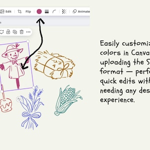 May include: A digital illustration showing a scarecrow, hay bale, apple, wheat, and corn. The text reads: "Easily customize colors in Canva by uploading the SVG format - perfect for quick edits without needing any design experience."