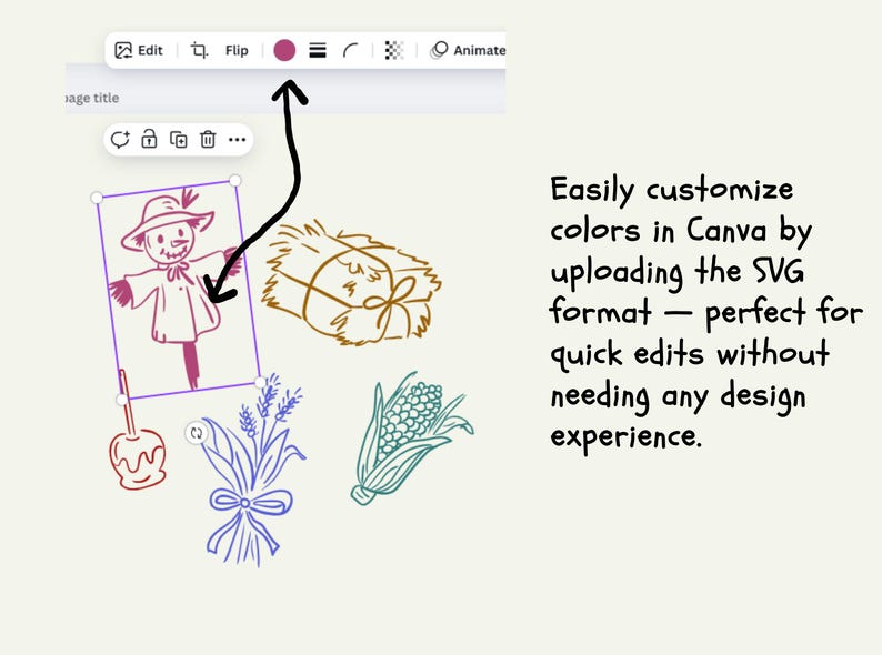May include: A digital illustration showing a scarecrow, hay bale, apple, wheat, and corn. The text reads: "Easily customize colors in Canva by uploading the SVG format - perfect for quick edits without needing any design experience."