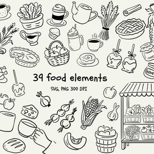 May include: Black and white line art illustration of 34 food elements, including a pie, apples, a basket, a market stall, and various beverages. The text "34 food elements" is also included.