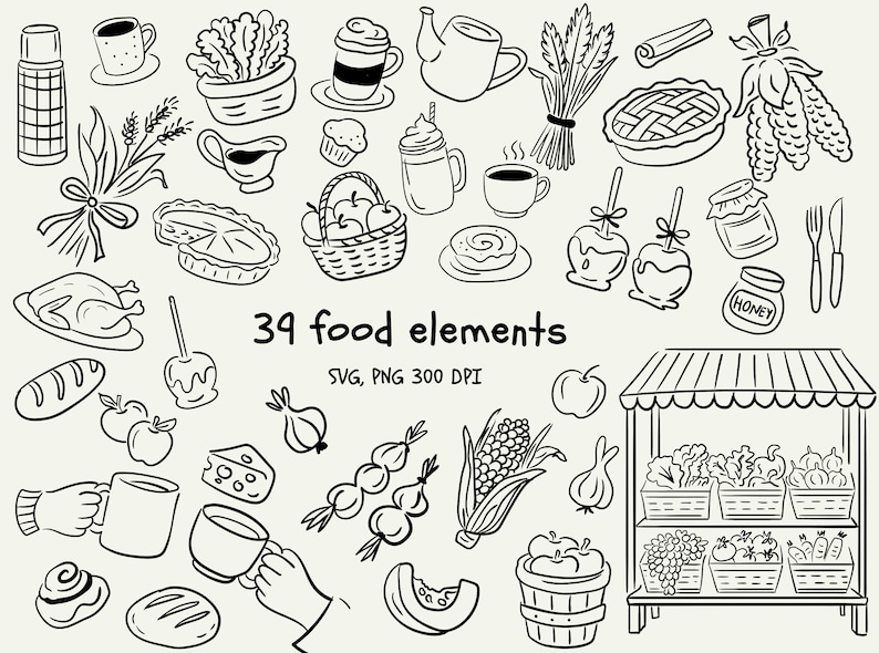 May include: Black and white line art illustration of 34 food elements, including a pie, apples, a basket, a market stall, and various beverages. The text "34 food elements" is also included.