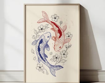 Red & Blue Koi Fish Digital Print: Japanese Wall Art (Digital Download)